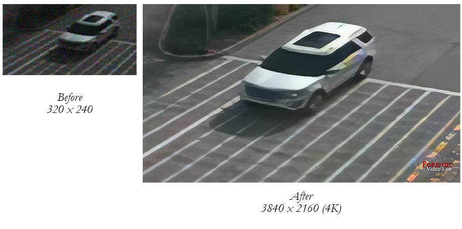 doorbell camera image of a truck across the street - original and upscaled